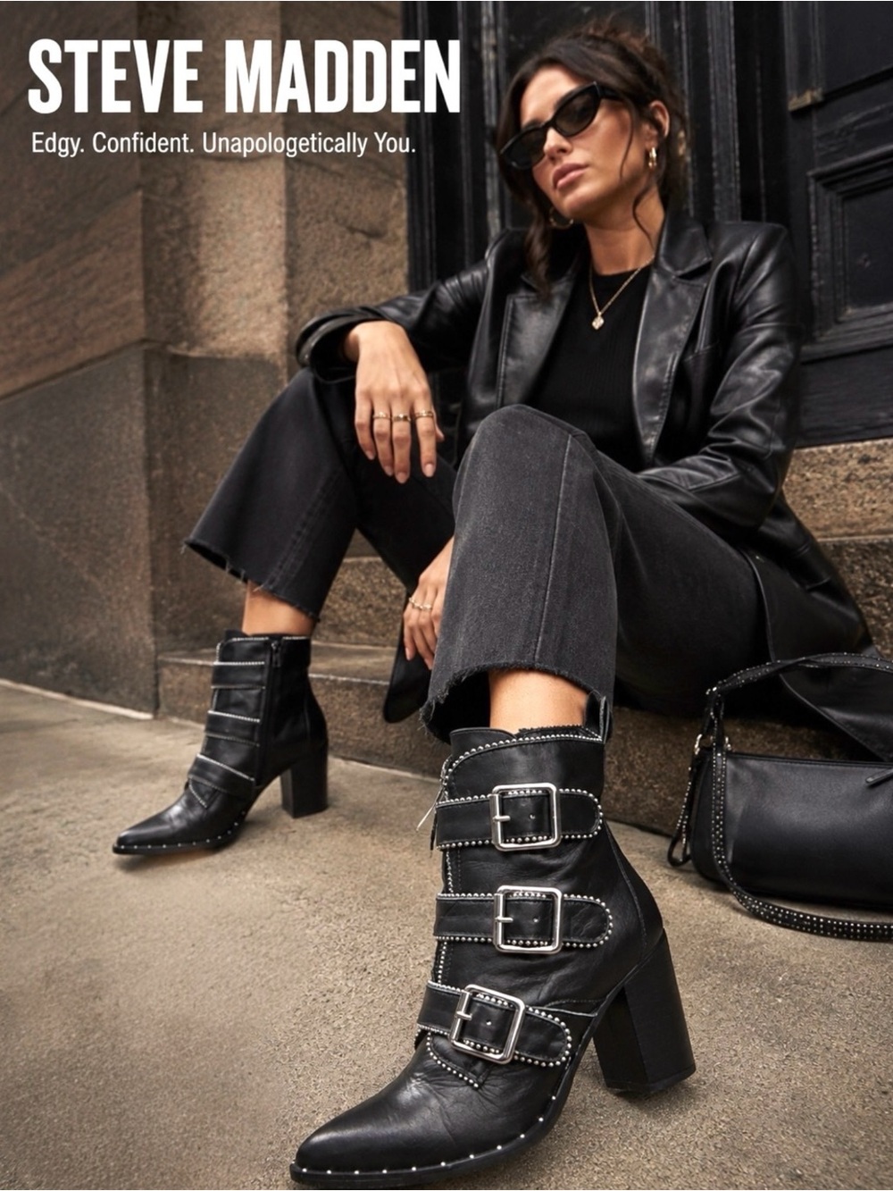 Steve Madden Hattie Black Leather Studded Buckle Edgy Ankle Boots Size 7